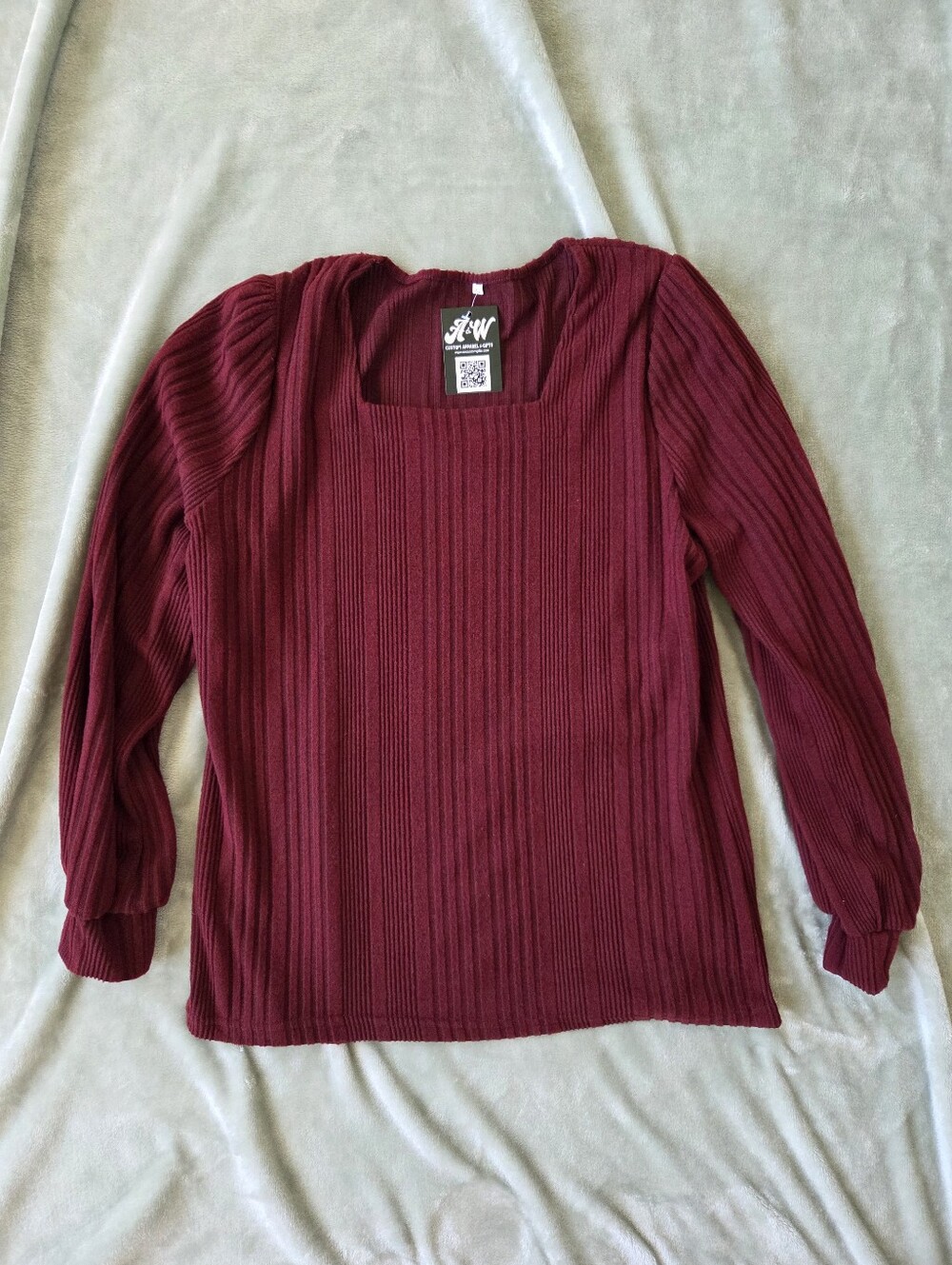 Burgundy Ribbed Square-Neck Long-Sleeve Blouse